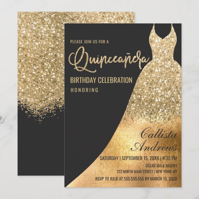 Glamourous Black Gold Glitter Dress Quinceañera Invitation (Front/Back)