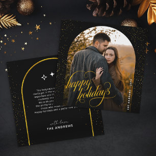 Glamourous Black & Gold Glitter Holiday Arch Phot Card