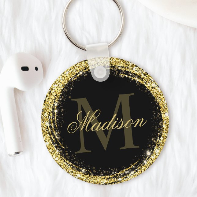 Glamourous Black Gold Glitter Monogram Name Key Ring (Creator Uploaded)