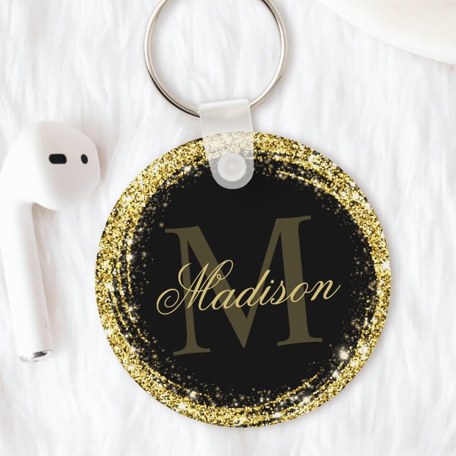 Glamourous Black Gold Glitter Monogram Name Key Ring (Creator Uploaded)