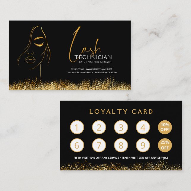 Glamourous Black & Gold Lash Tech  Loyalty Card (Front/Back)