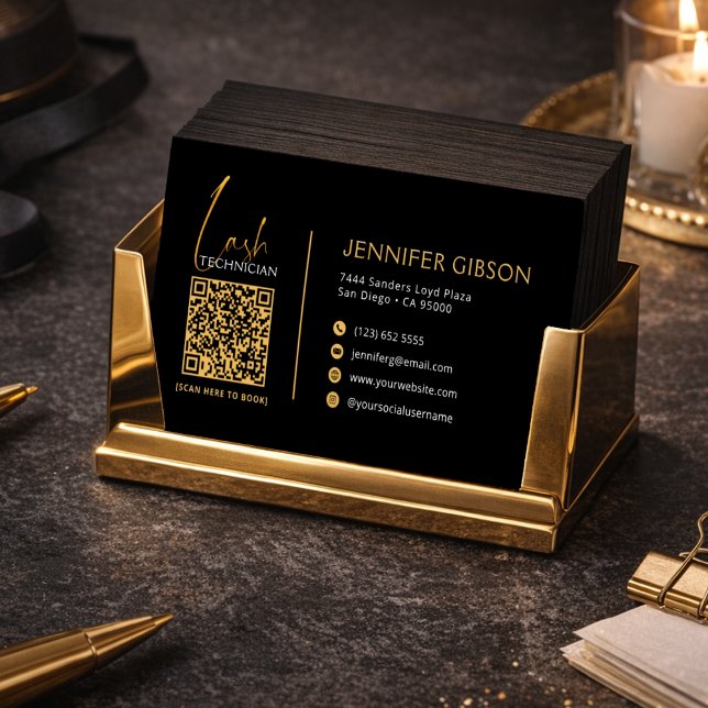 Glamourous Black & Gold Lash Tech QR Code  Business Card (Creator Uploaded)