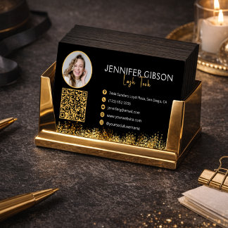 Glamourous Black & Gold Lash Tech QR Code  Business Card