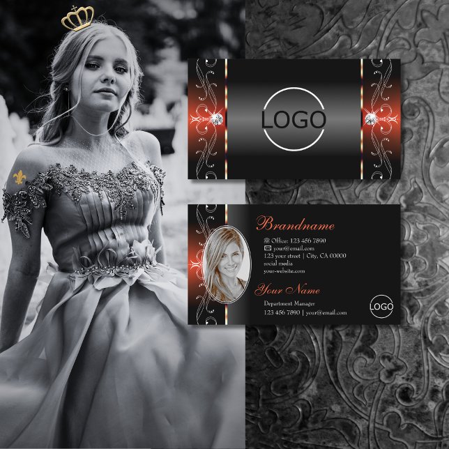 Glamourous Black Lava Red Squiggled Logo and Photo Business Card (Creator Uploaded)