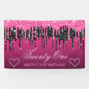 Glamourous Black & Pink Dripping Glitter Birthday  Banner