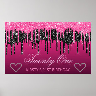 Glamourous Black & Pink Dripping Glitter Birthday Poster