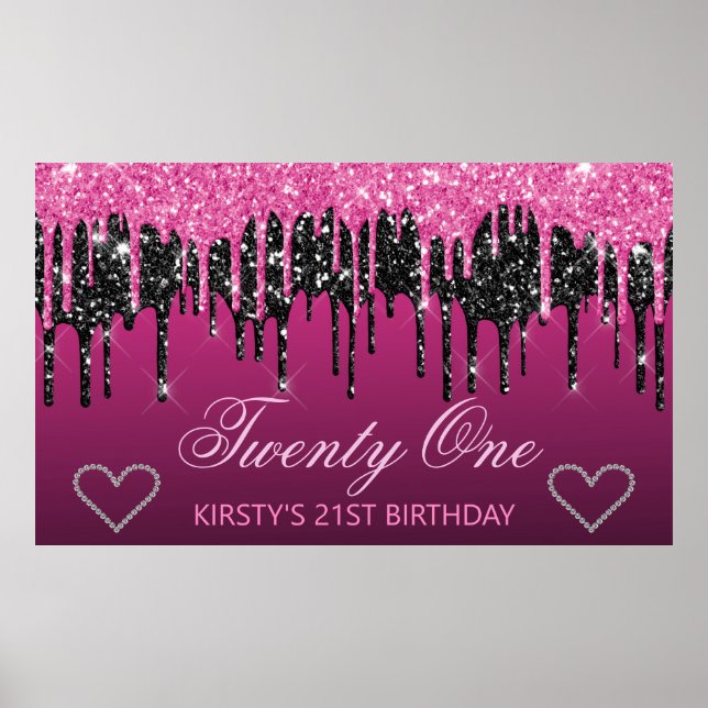 Glamourous Black & Pink Dripping Glitter Birthday Poster (Front)