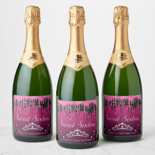 Glamourous Black & Pink Dripping Glitter Sweet 16 Sparkling Wine Label