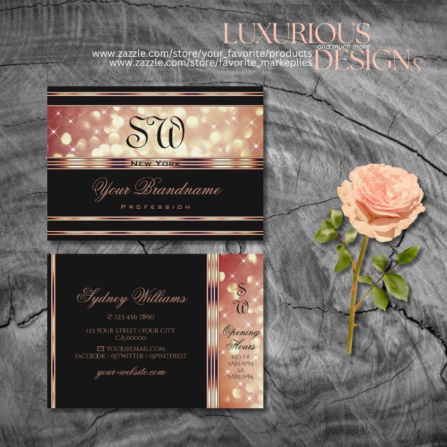 Glamourous Black Rose Gold Sparkle Glitter Monogra Business Card (Creator Uploaded)