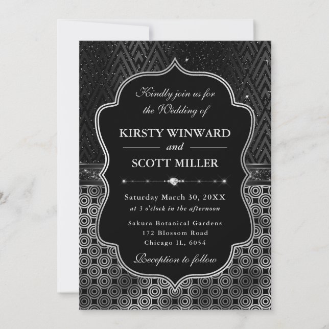 Glamourous Black Silver Art Deco Wedding Invitation (Front)
