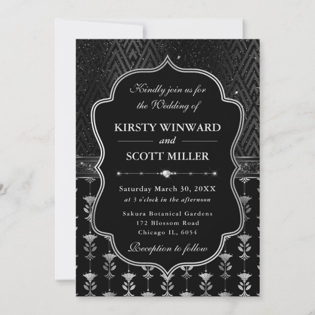 Glamourous Black Silver Art Deco Wedding Invitation (Front)