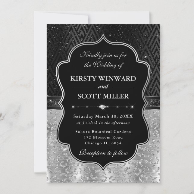 Glamourous Black Silver Leopard Spots Wedding Invitation (Front)