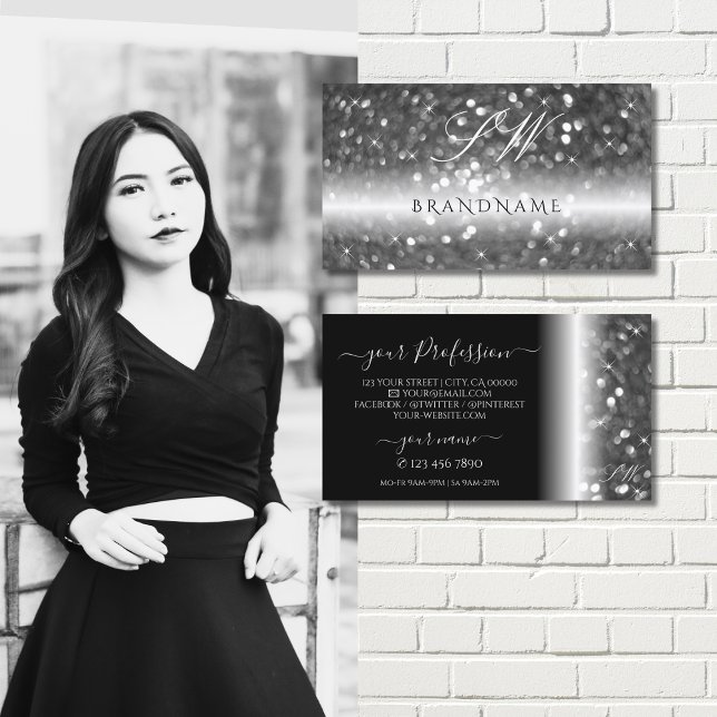 Glamourous Black Silver Sparkling Glitter Initials Business Card (Creator Uploaded)