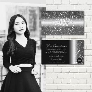 Glamourous Black Silver Sparkling Glitter Monogram Business Card