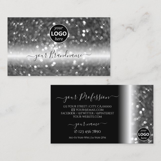 Glamourous Black Silver Sparkling Glitter with Log Business Card (Front/Back)