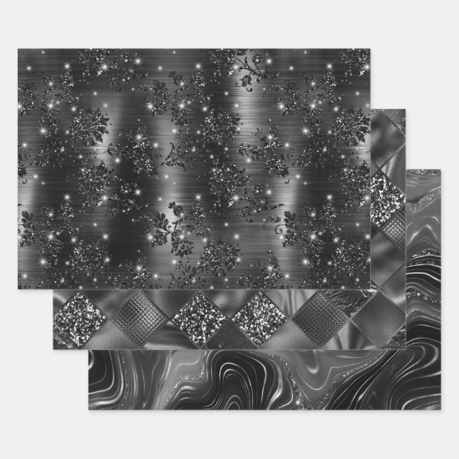 Glamourous Black & Silver Sparkling Patterns Wrapping Paper Sheet (Set)
