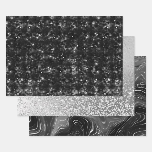Glamourous Black & Silver Sparkling Patterns Wrapping Paper Sheet (Set)