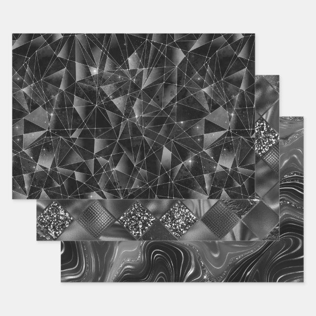 Glamourous Black & Silver Sparkling Patterns Wrapping Paper Sheet (Set)