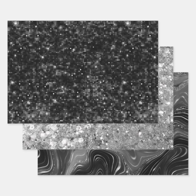 Glamourous Black & Silver Sparkling Patterns Wrapping Paper Sheet (Set)
