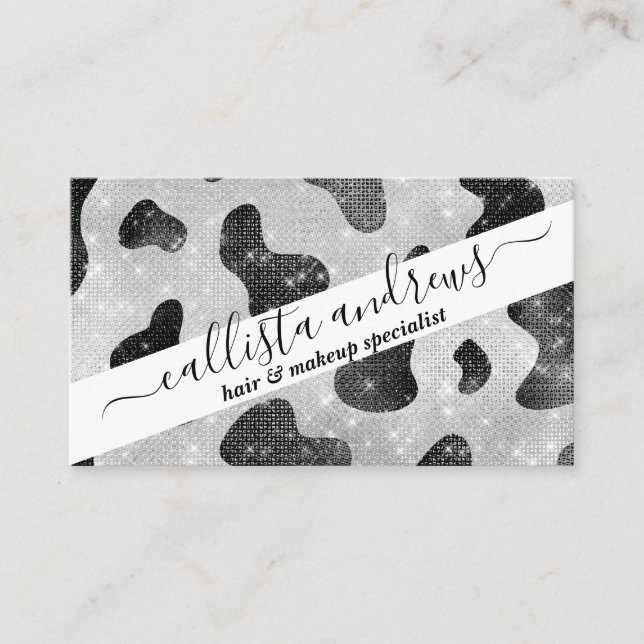 Glamourous Black Sparkly Glitter Sequins Cow Print Business Card (Front)
