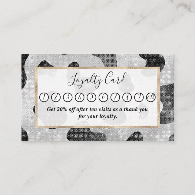 Glamourous Black Sparkly Glitter Sequins Cow Print Loyalty Card (Front)