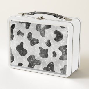 Glamourous Black Sparkly Glitter Sequins Cow Print Metal Lunch Box