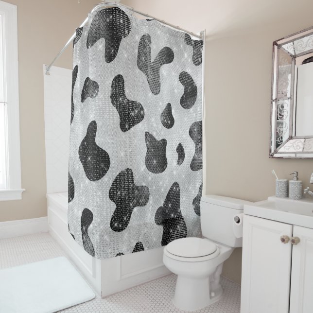Glamourous Black Sparkly Glitter Sequins Cow Print Shower Curtain (In Situ)