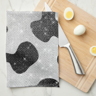 Glamourous Black Sparkly Glitter Sequins Cow Print Tea Towel