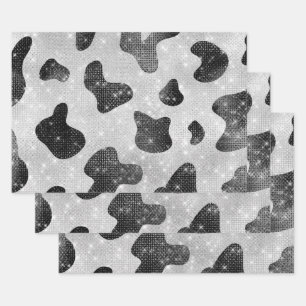 Glamourous Black Sparkly Glitter Sequins Cow Print Wrapping Paper Sheet