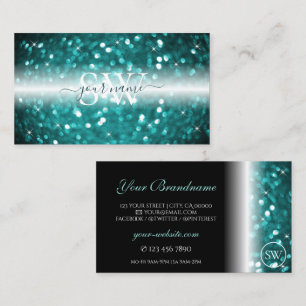 Glamourous Black Teal Sparkling Glitter Monogram Business Card