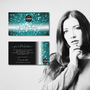 Glamourous Black Teal Sparkling Glitter with Logo Business Card