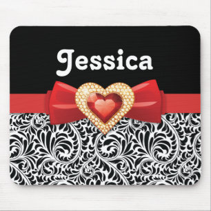 Glamourous Black white damask & red bow and jewel Mouse Pad