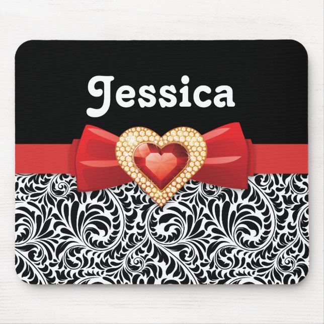 Glamourous Black white damask & red bow and jewel Mouse Pad (Front)