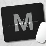 Glamourous Black White Name Monogram Mouse Pad<br><div class="desc">Personalised Elegant Modern Black and White Script Initial Monogram Mouse Pad. Add a touch of sophistication to your workspace with this chic mouse pad. It features a sleek grey initial centred on a crisp black background, complemented by a clean and modern design. Combining elegance with practicality, this mouse pad is...</div>