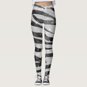 Glamourous Black White Sparkly Glitter Zebra Strip Leggings