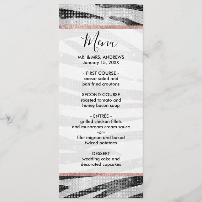 Glamourous Black White Sparkly Glitter Zebra Strip Menu (Front)
