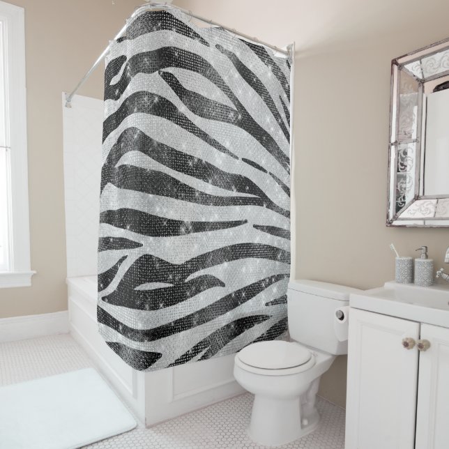 Glamourous Black White Sparkly Glitter Zebra Strip Shower Curtain (In Situ)