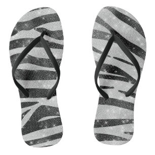 Glamourous Black White Sparkly Glitter Zebra Strip Thongs