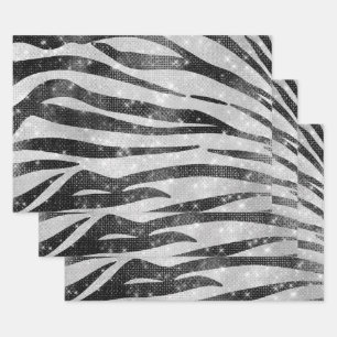 Glamourous Black White Sparkly Glitter Zebra Strip Wrapping Paper Sheet
