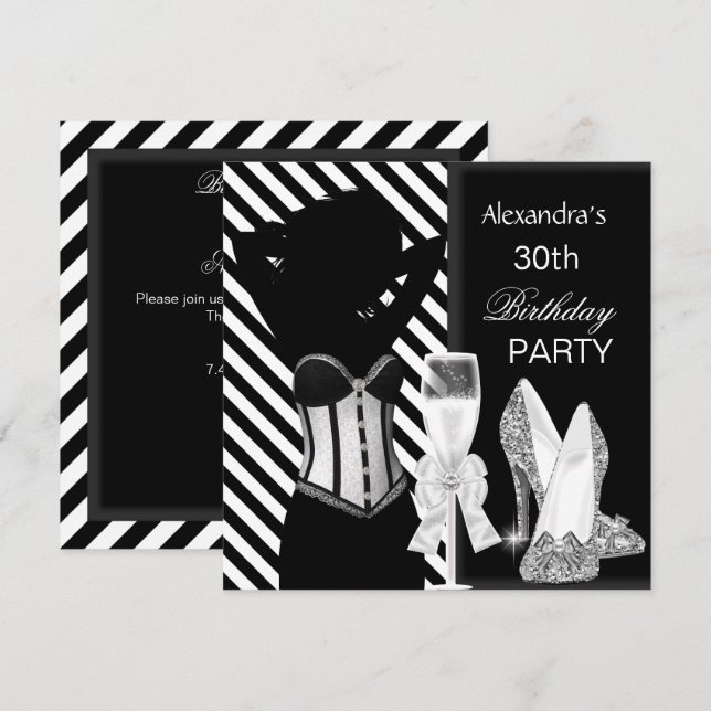 Glamourous Black White Stripe Birthday Party Invitation (Front/Back)