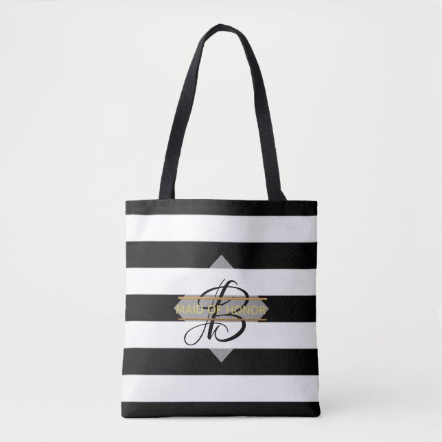 Glamourous Black White Stripe MONOGRAM Tote Bag (Front)