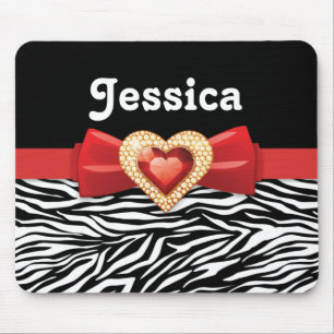 Glamourous Black white zebra print, red bow & jewe Mouse Pad