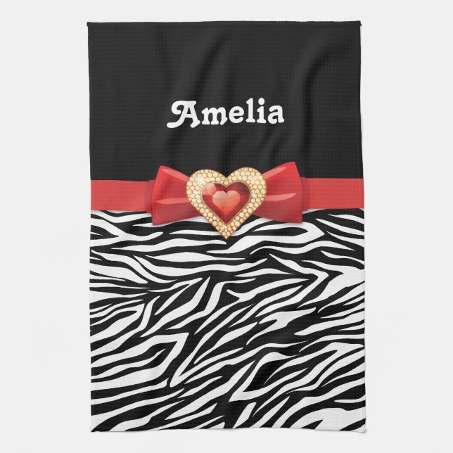 Glamourous Black white zebra print, red bow & jewe Tea Towel (Vertical)