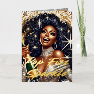 Glamourous Black Woman Popping Champagne Birthday Foil Greeting Card