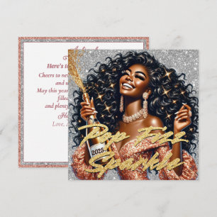 Glamourous Black Woman Popping Champagne New Year’ Card