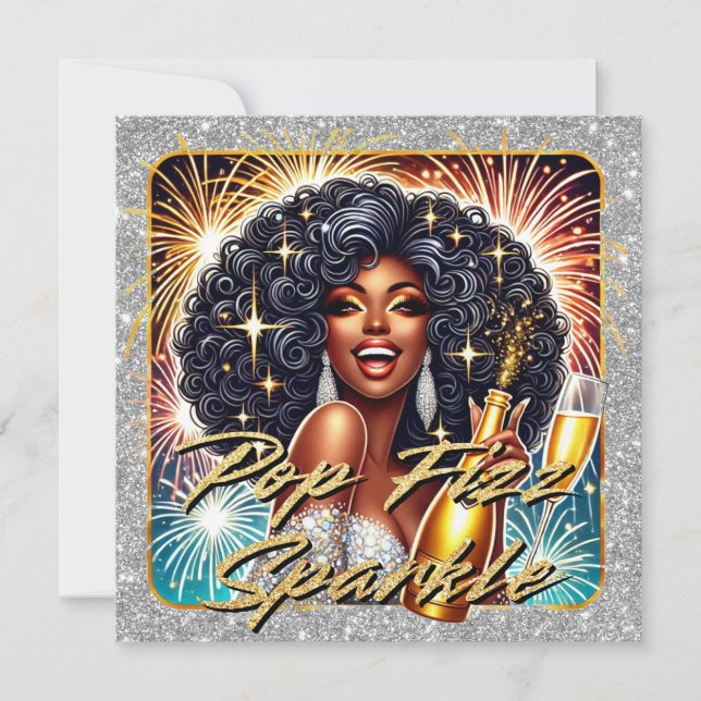 Glamourous Black Woman Popping Champagne New Year’ Card (Front)