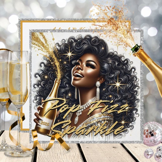 Glamourous Black Woman Popping Champagne New Year’ Card (Illustration of a glamorous Black woman wearing a silver & gold outfit, popping champagne bottle)