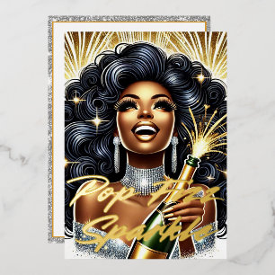 Glamourous Black Woman Popping Champagne New Year’ Foil Holiday Card
