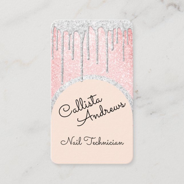 Glamourous Bling Pink White Glitter Drips Nail Tec Business Card (Front)