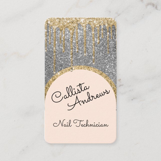 Glamourous Bling Silver Glitter Drip Nail Tech Business Card (Front)